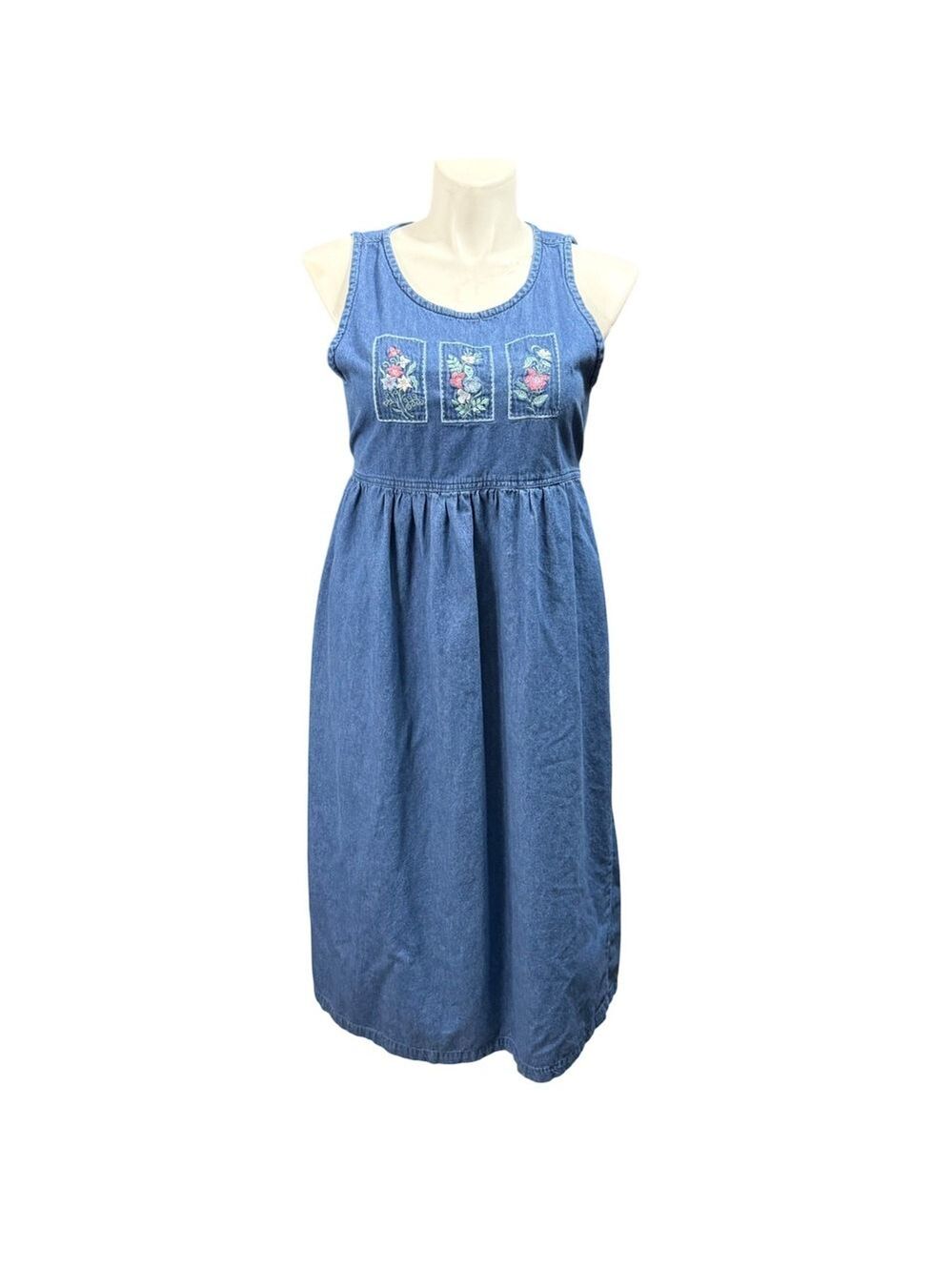 Vintage Erika & Co Womens‎ Large Blue Denim Floral Embroidered Midi Dress Cotton